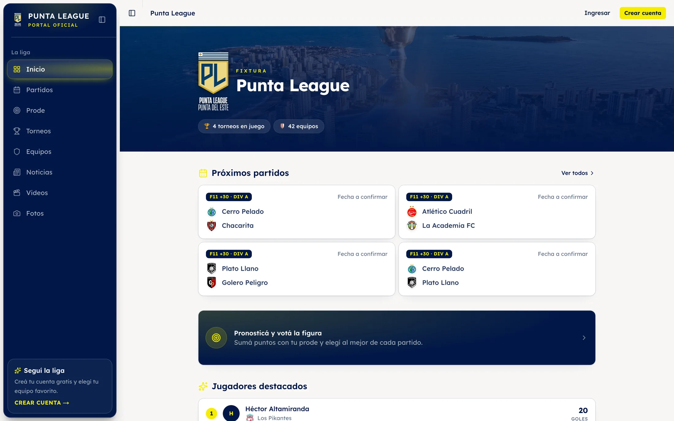 Portal público de una liga en Fixtura