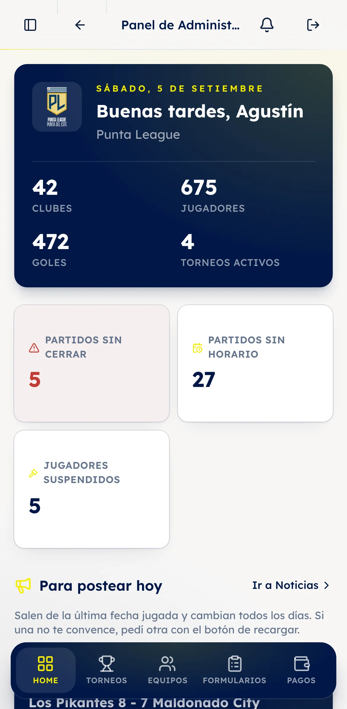 Panel de administración de la liga en Fixtura, visto en un iPhone